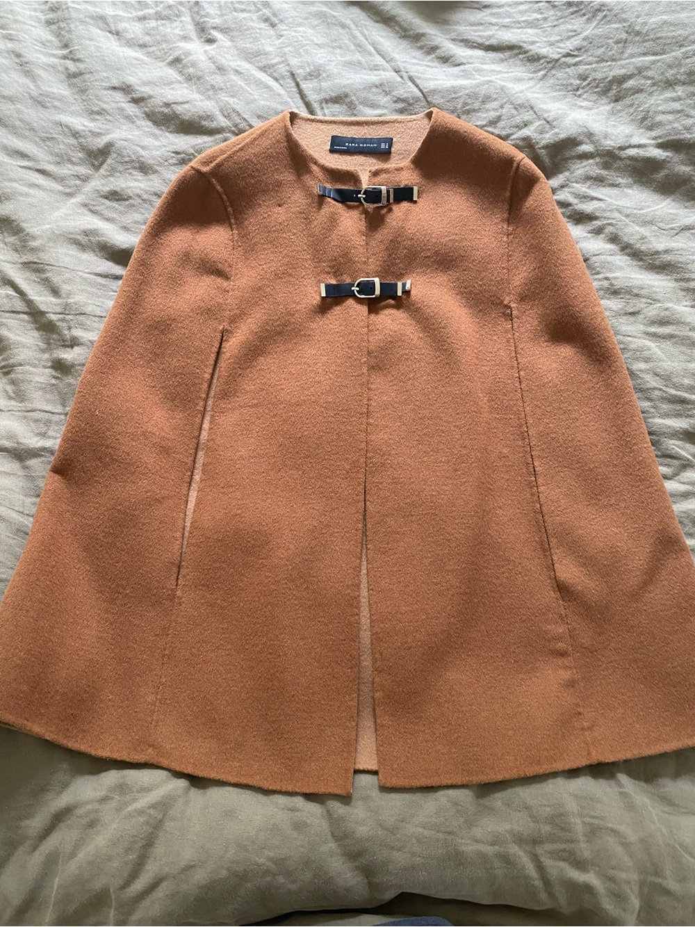 Zara Camel Buckle-Front Wool Cape